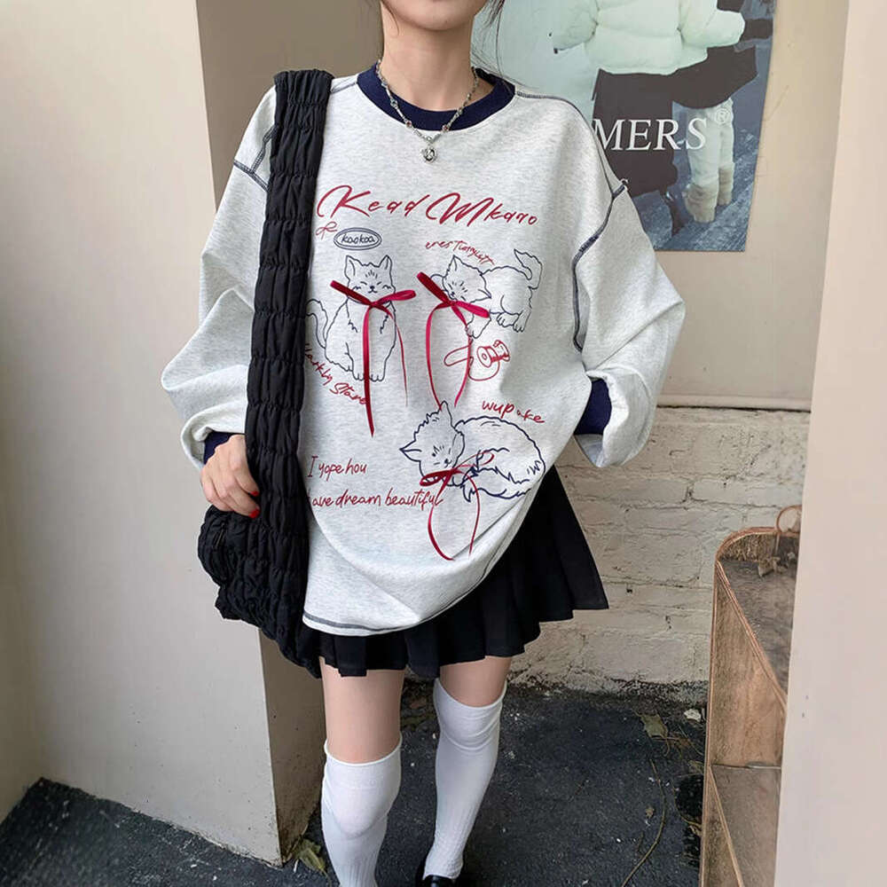 Cartoon Cat Print Bow Long Sleeve Sweatshirt for Women, New Autumn Design, Color-Block Lazy Style Loose Top