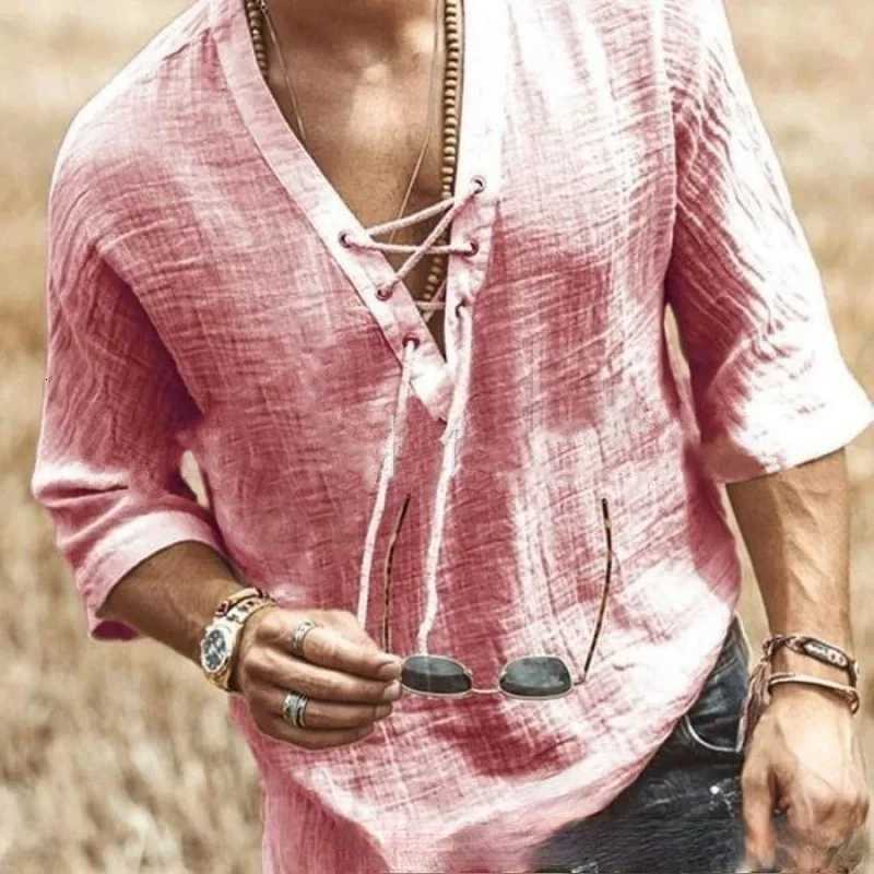2025 European and American New Style Mens Chest Lace-up Chicken Eyes Mid-sleeved T-shirt Shirt Trendy Y250819