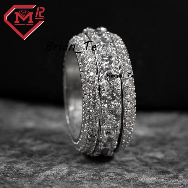 Hot Sale Iced Out Band Ring for Rappers Sterling Silver Hip Hop Moissanite Eternity Rings for Men