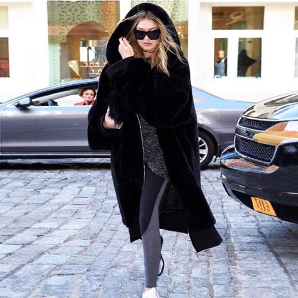 Women's Hooded Faux Fur Coat, Mid Length Coats, Loose Plush, Thickening, Warm, Casual, Fashion, Autumn, Winter, New, 2025