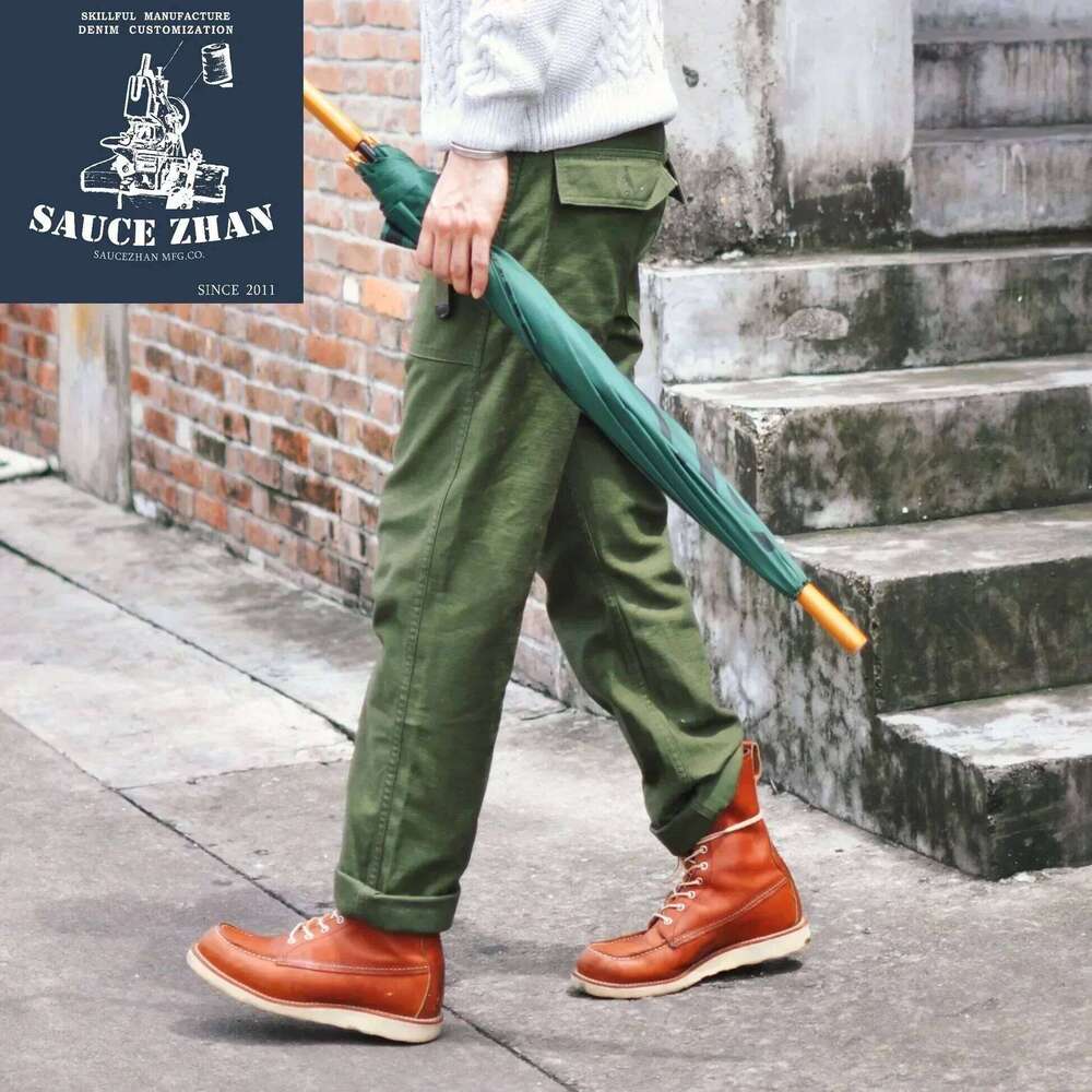 SauceZhan OG107 Fatigue Utility Military VINTAGE Classic Olive Sateen Men's Baker Pants Satin Cotton Straight Fit