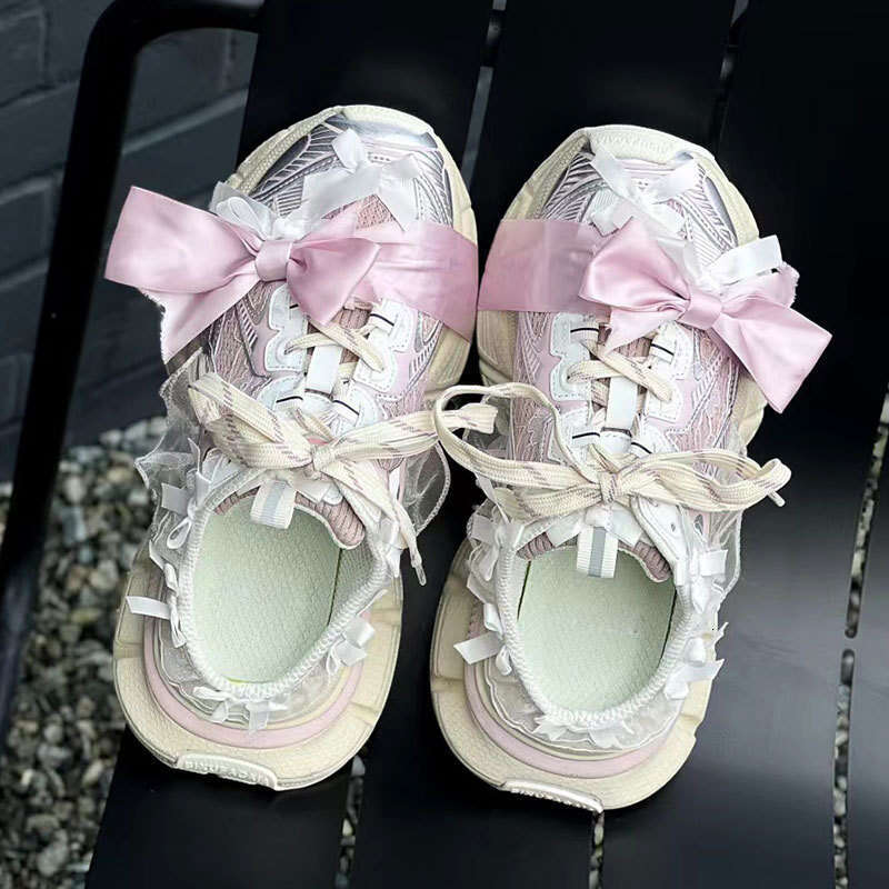 2025 Summer New Lace Bow 3XXL Half Slippers for Women Thick Sole Lace-up Casual Versatile Dad Shoes