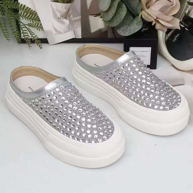 2025 New Summer Rhinestone Mesh Hollow Lazy Slip-On Sandals Outdoor Versatile Thick Sole Height-Increasing Half Slippers