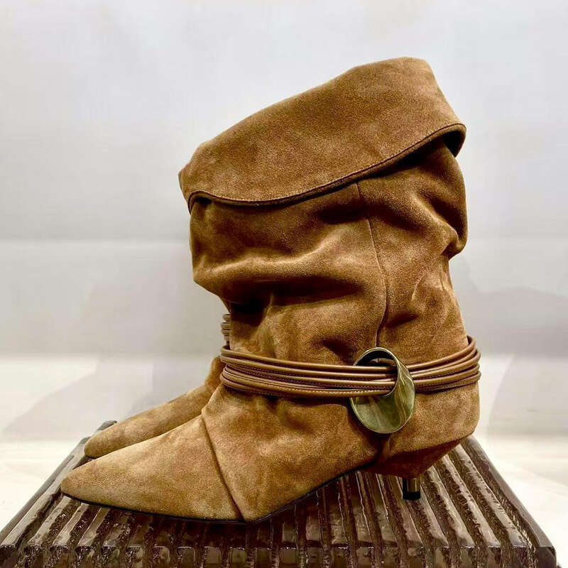 Sheepskin Version~ Pointed Toe Ankle for Women, Height Increasing, Wrinkled, Two-Way Wear, Niche Suede Cat Heel Western Slouch Boots