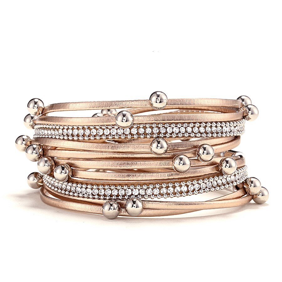Fashionable Unique Two-Circle Beaded Leather Multi-Layer Bohemian Alloy Magnetic Bracelet