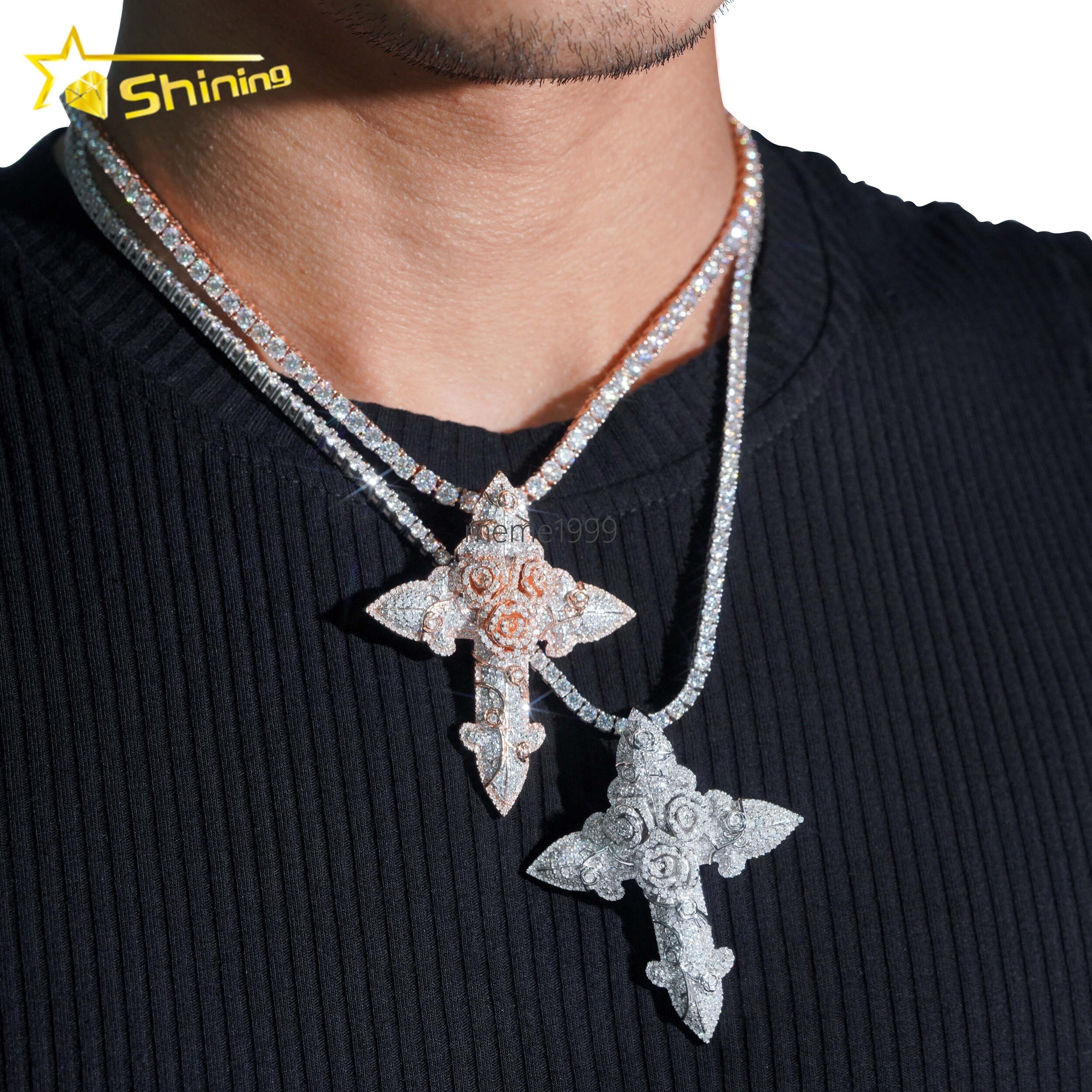 Hip Hop Style 3D Charms 925 Sterling Silver Solid 2.5 Tall Iced Out Custom Rose Cross Moissanite Pendant