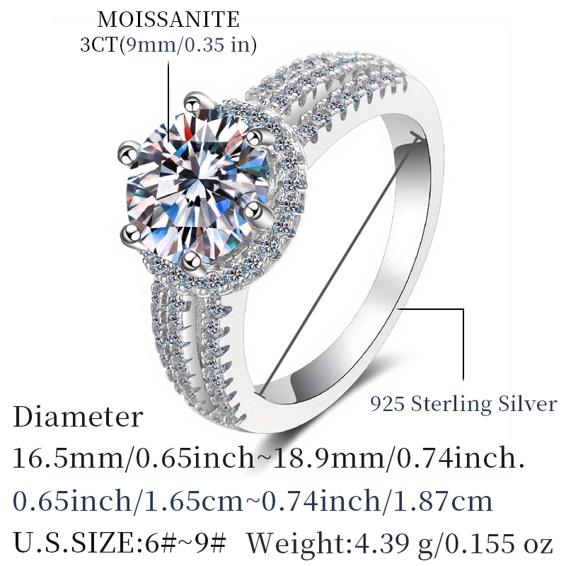 MT 925 Sterling Silver Original 3 ct Moissanite Ring for Women, Round Excellent Cut Sparkling D Color Stone Engagement Wedding Ring Jewelry with certi