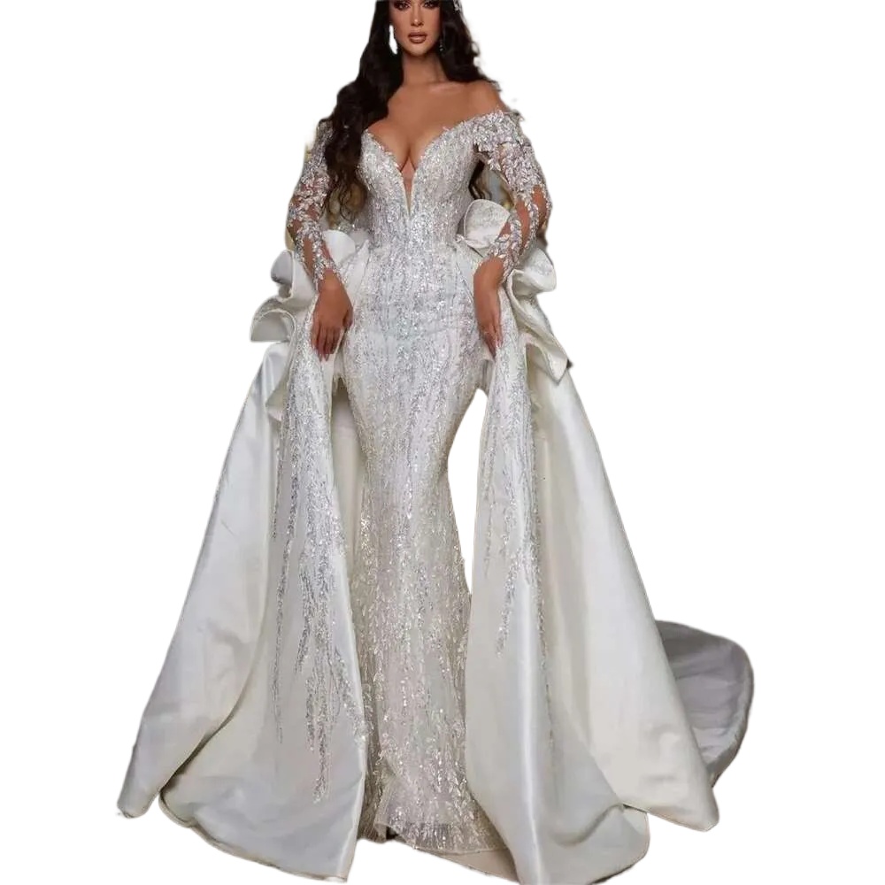 Gorgeous Lace Mermaid Wedding Dresses With Detachable Train Sexy Deep V Neck Beaded Crystals Ruffles Dubai Arabic Luxury Bridal Gowns Bc19164 B0313