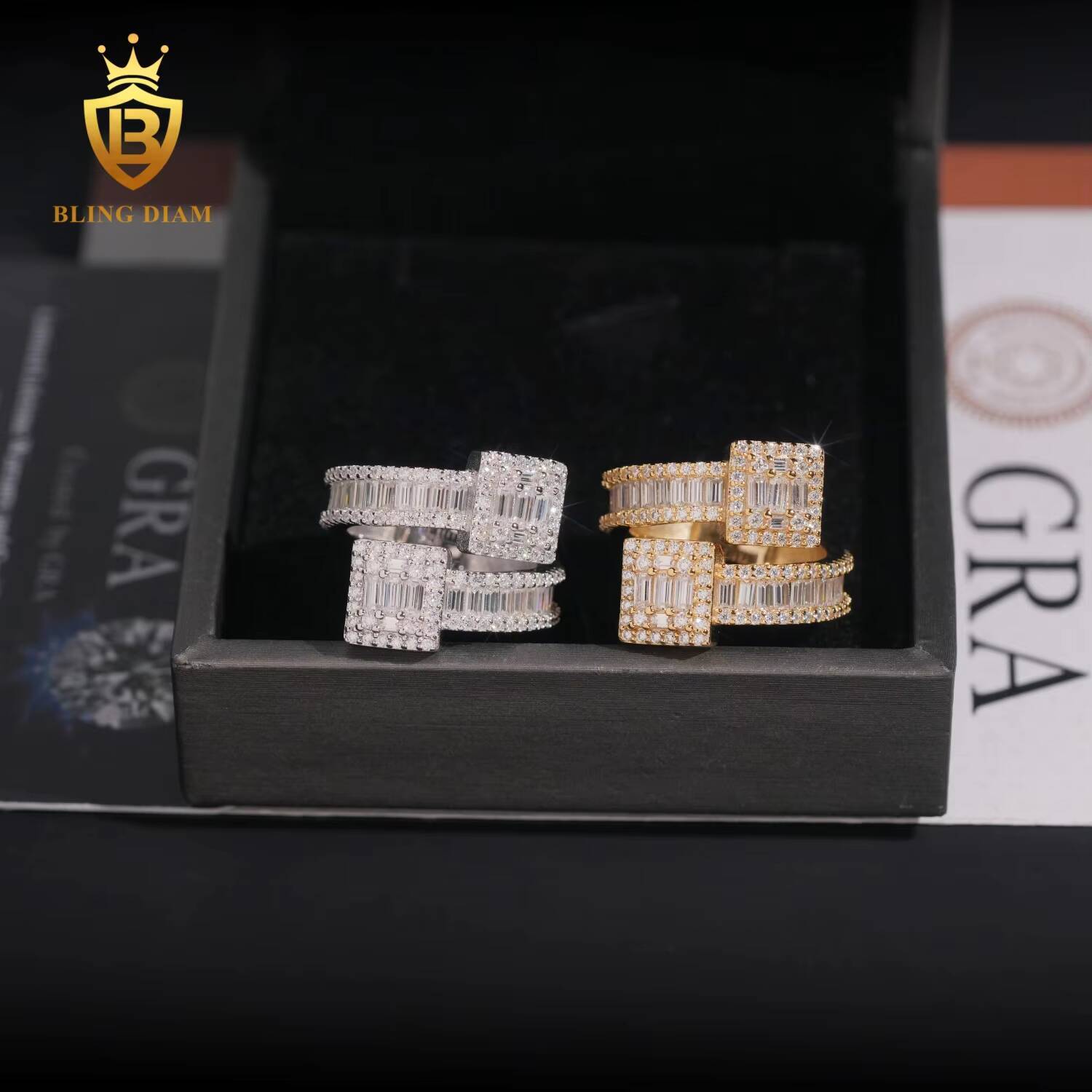 Hip Hop Jewelry 925 Sterling Silver Gold Plated VVS Full Moissanite Lab Grown Diamond Adjustable Open Square Ring for Men