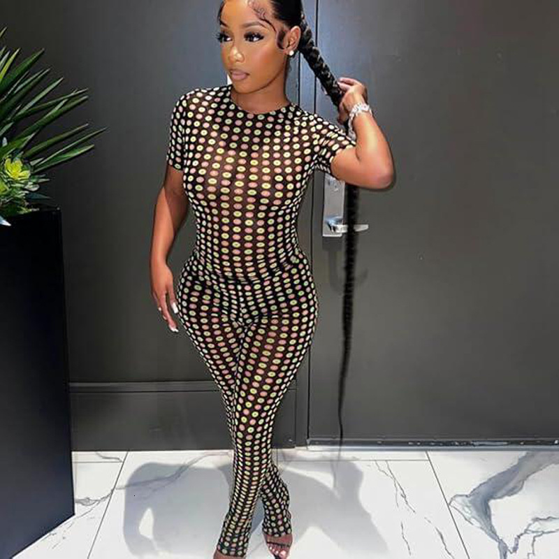 D9776 Womens Fashion Colorful Polka Dot Mesh Printed Short Sleeve Long Pants Two-Piece Set