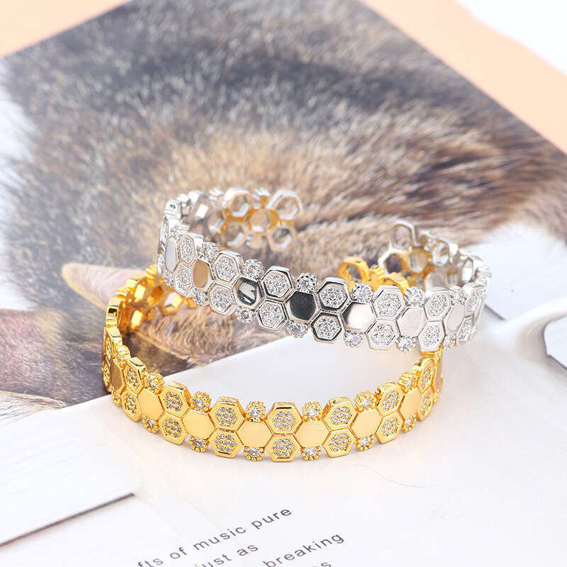 Exaggerated Geometric Jewelry Simple Micro Pave Zircon Honeycomb Hexagon Bracelet Ring Set Direct Sale