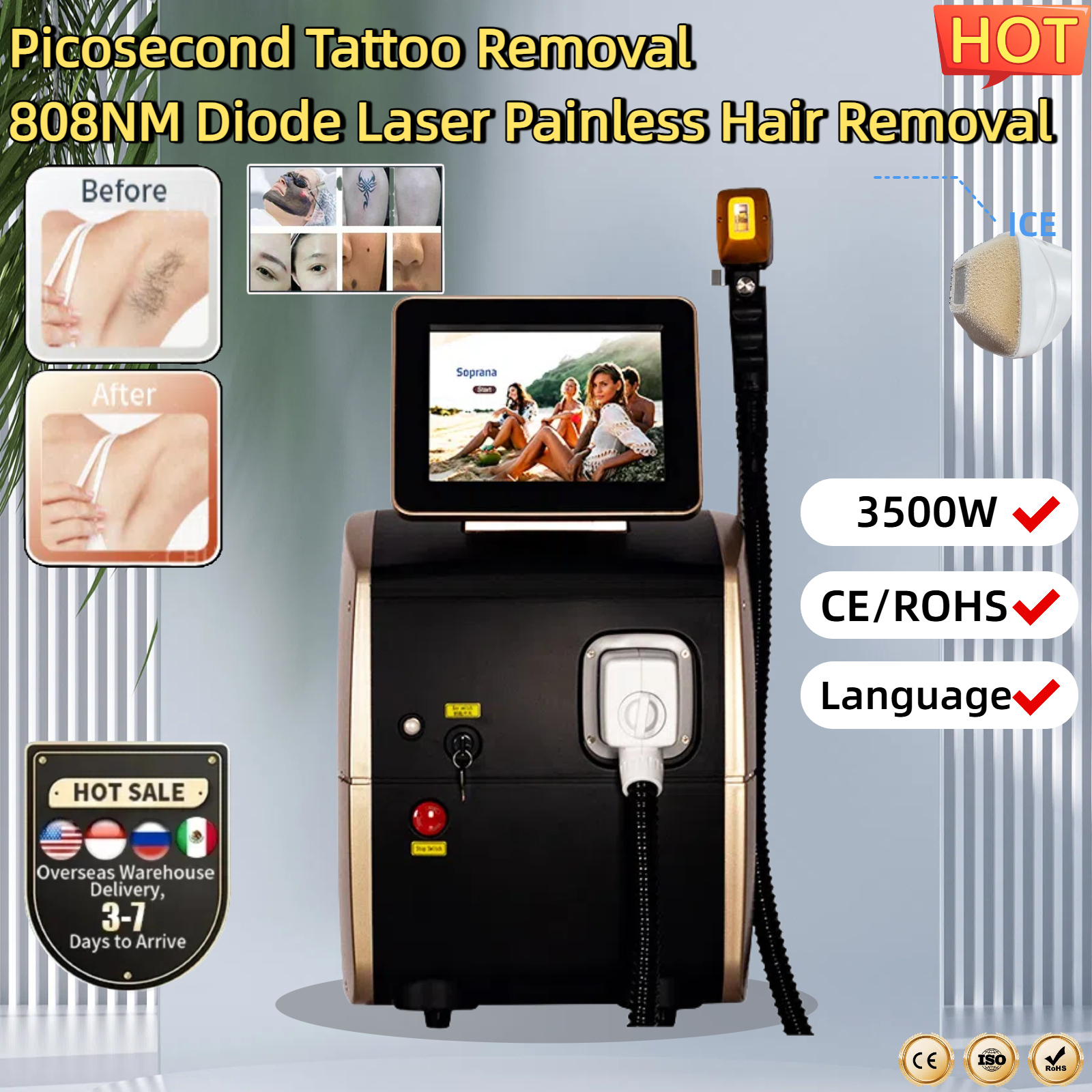 Professional 3000W 808nm Diode Lasers for Pain-Free Permanent Hair Removal Alexandrit Permanent Painless Physical Underarm Body Care Depilation Equipm