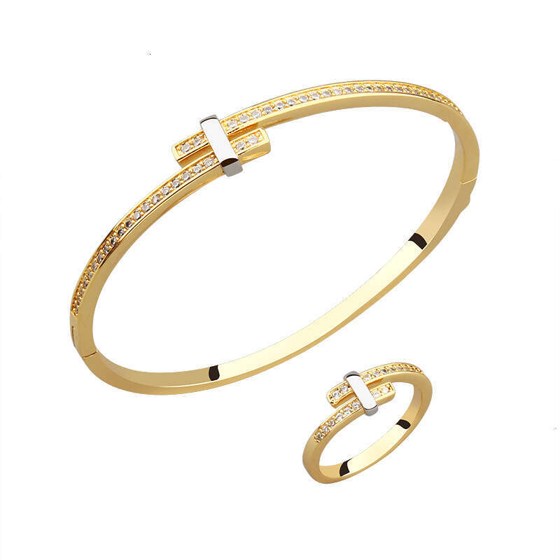 New Simple Closed Two-tone Bracelet Ring Set for Men and Women, Elegant Eco-friendly Copper Gold-plated Zircon Inlaid Jewelry