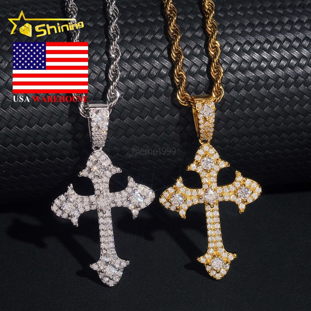 Fine Jewelry 925 Sterling Silver Gold Plated Moissanite Cross Pendant Custom Men Hip Hop Iced Out Pendant Necklace