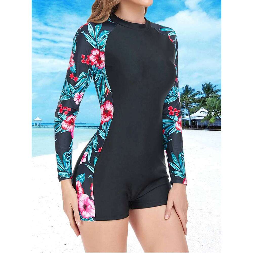 Long Sleeve Printed Swimsuit 2023 Women One Piece Surfing Swimwear Female Zipper Rashguard Diving Clothes Bathing Swimming Suit