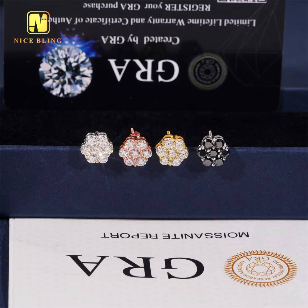 9mm Fashion Cluster Screw Back Flower Ear Studs Iced Out Hip Hop Jewelry 925 Silver VVS Moissanite Stud Earring for Women