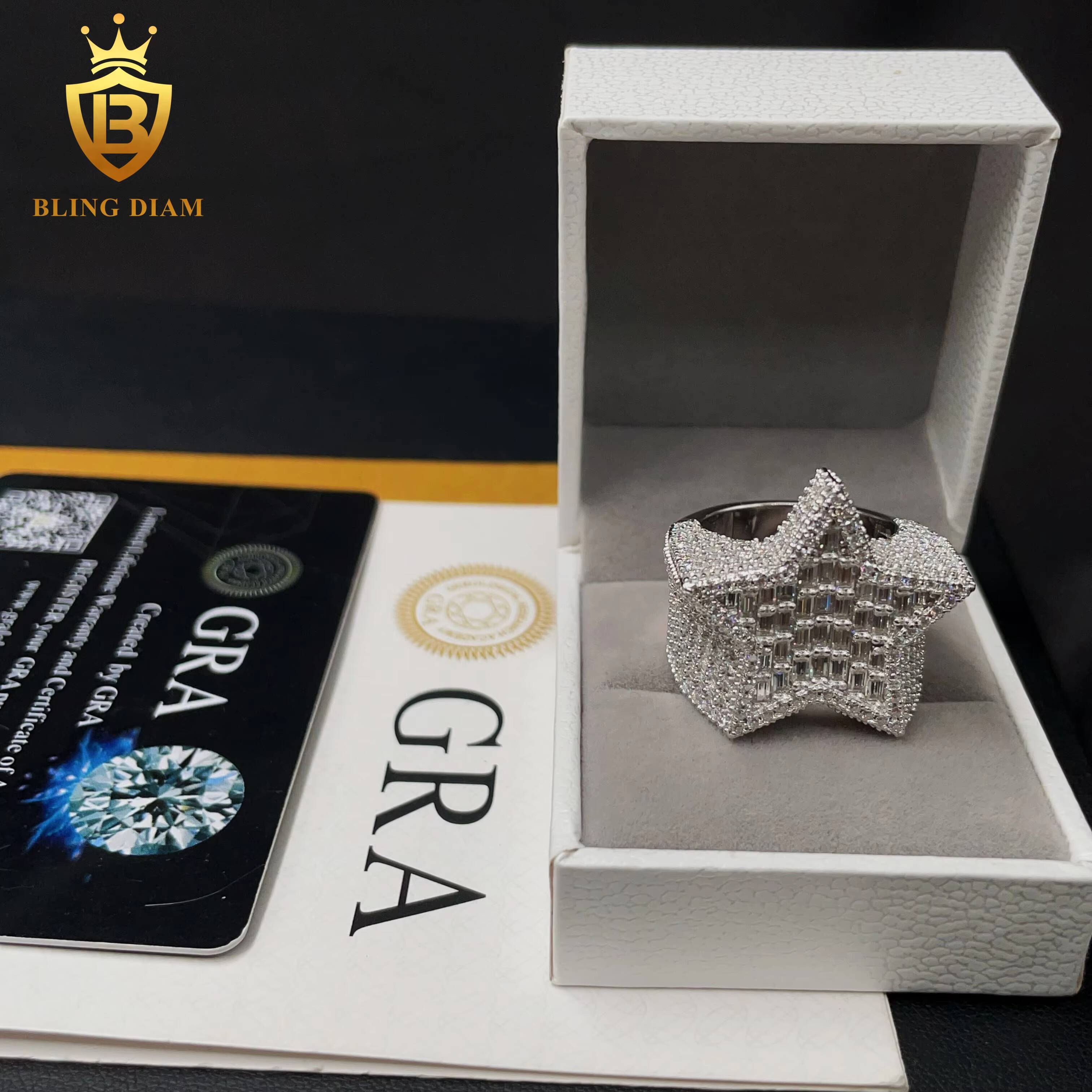 New Fashion Luxury Design 925 Silver Iced Out Baguette Diamond Hip Hop Star Mens Moissanite Ring