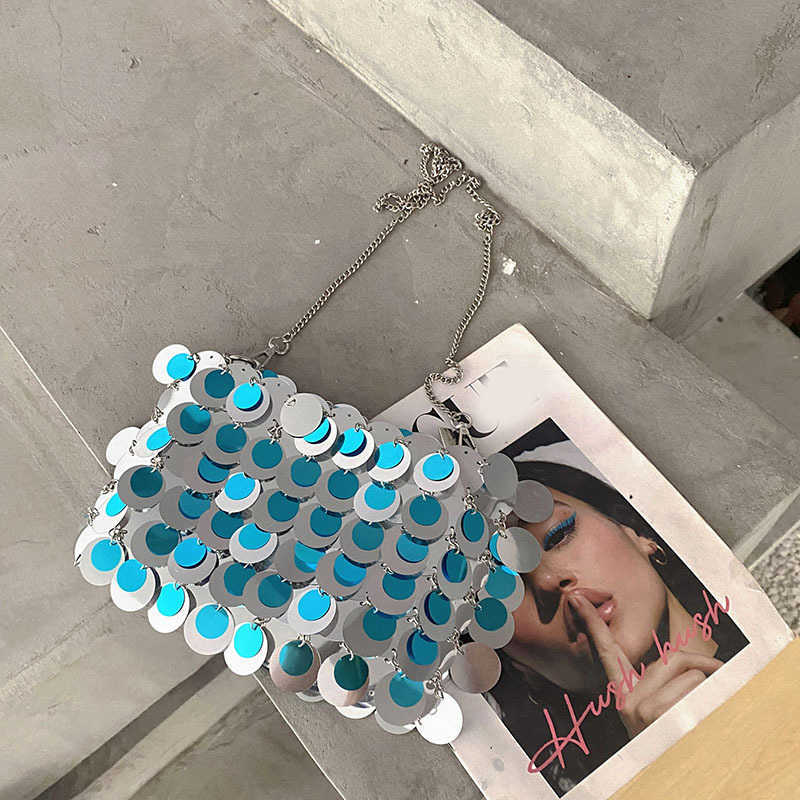 Fresh Beach Style Shiny Sequin Bag Handwoven Metal Chain Small Square Phone Bag Underarm Crossbody Bag