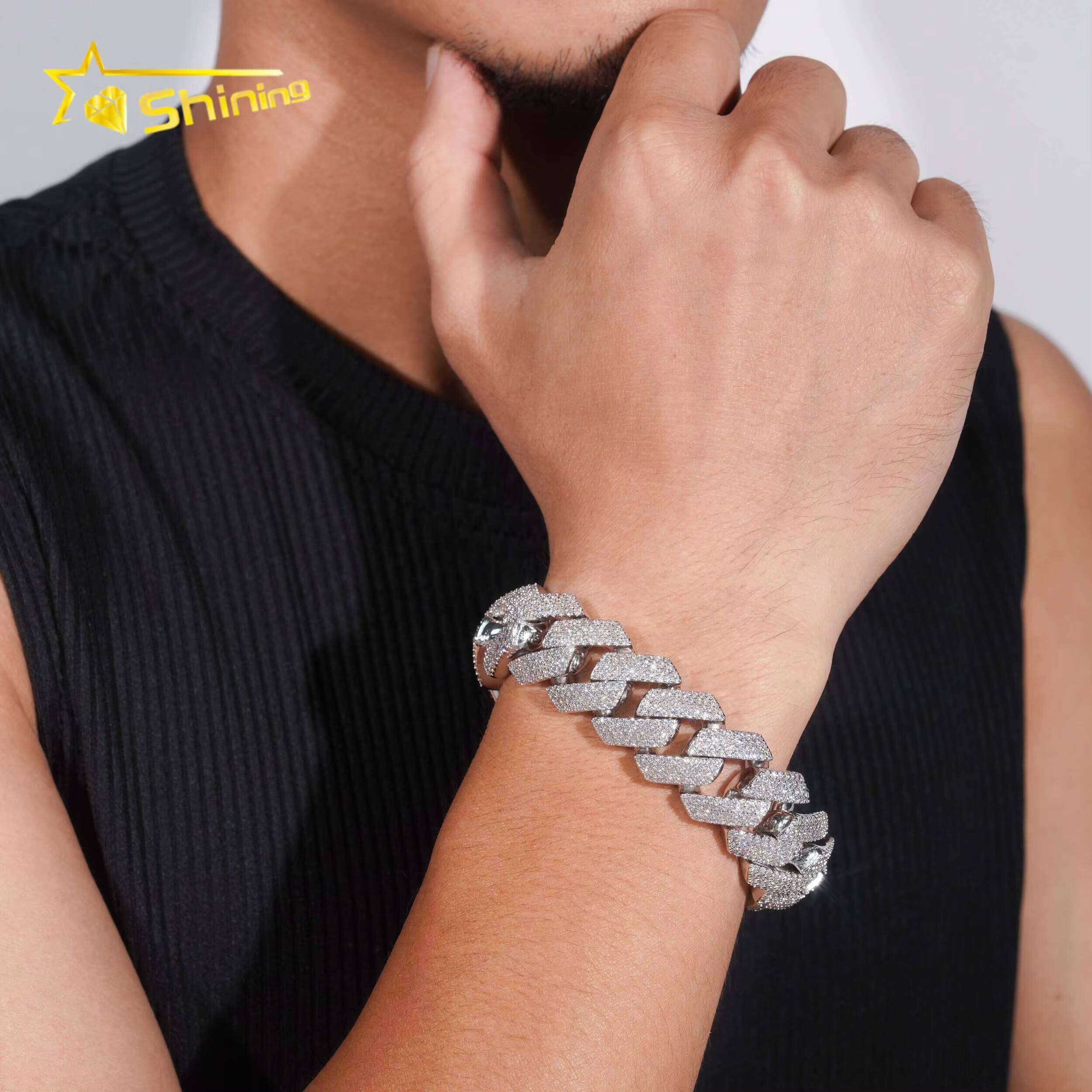 Custom Luxury Iced Out Hip Hop Moissanite Diamond Miami Big Chain 20MM Width 925 Silver Cuban Link Chain Bracelet Gor Men