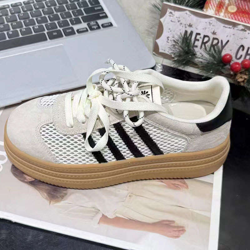 2025 Summer Mesh Breathable Thick Sole Height Increasing Slimming Genuine Leather German Training Color-Block Double Shoelaces Campus Casual Shoes