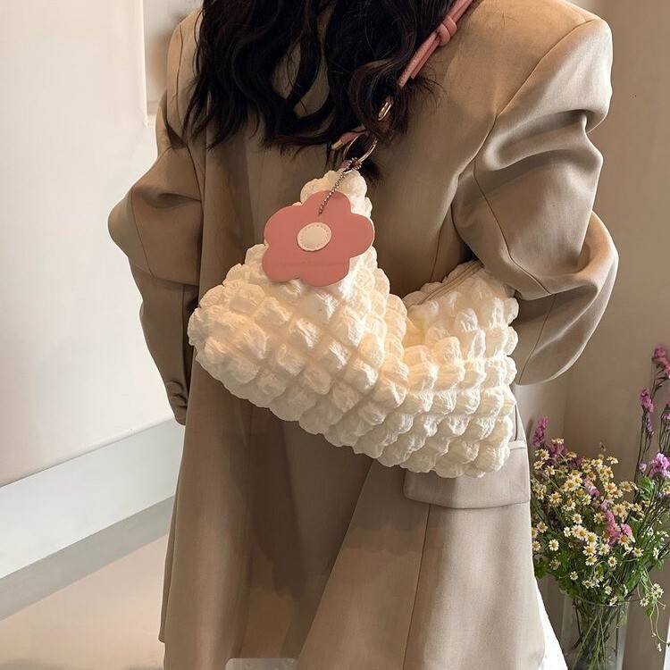 2025 Autumn Bubble Flower Women's Handheld Cylindrical Bag Korean Japanese Style Girl Texture Shoulder Handheld Lunch Bag Shopping Bag Women'