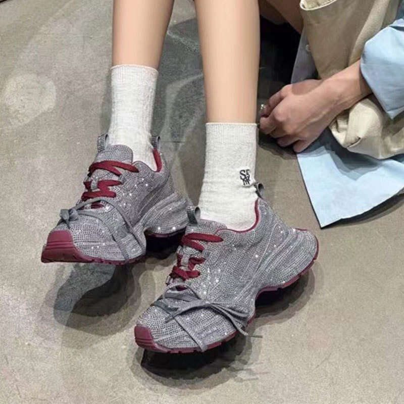 Women's Dad Sneakers Ins Super Popular Full Diamond Lace-up Casual Angora Red Niche Design Stylish Rhinestone Single Shoes