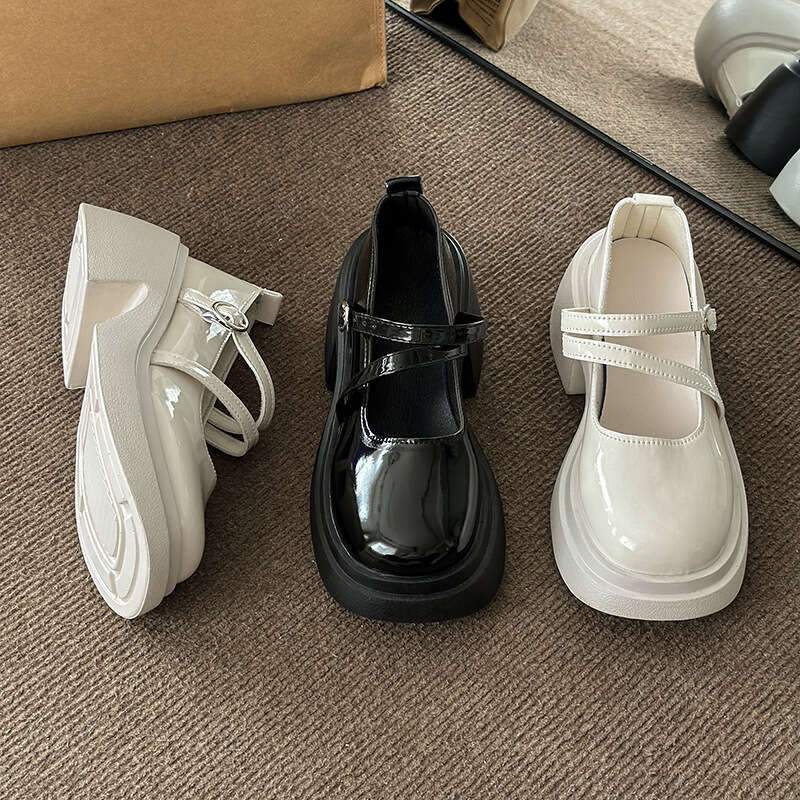 Shallow Mouth Thick Sole Versatile British Style Women's Leather Shoes Chunky Heel Round Toe Mary Jane Flats