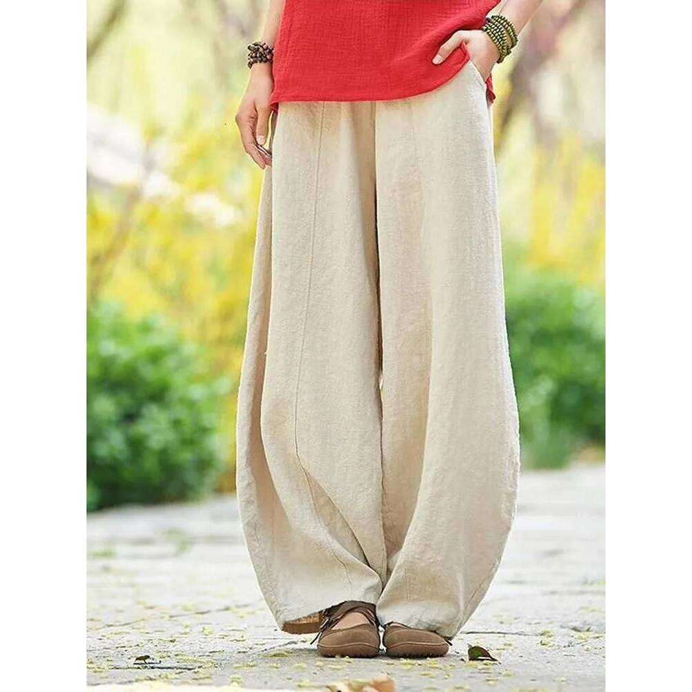 2024 Cotton Linen Bloomers Wide Leg Women Vintage Full Length Fashion Elegent Pants Solid Elasitic Waist Spring Autumn 5XL