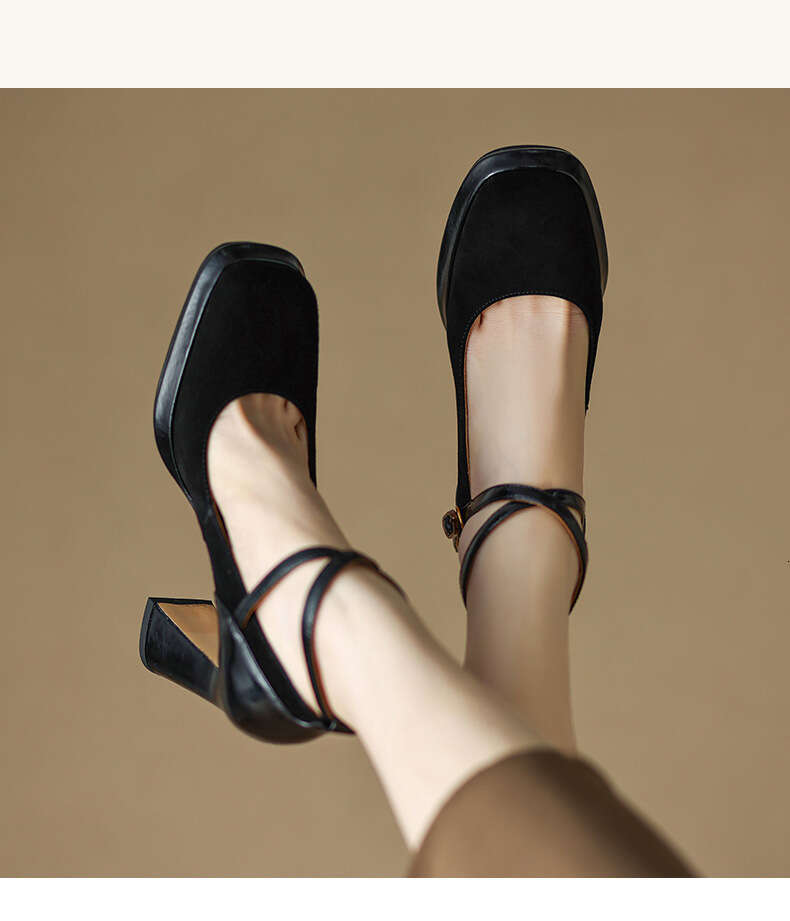 Elegant Lace-Up High Mary Jane Versatile Shallow Mouth Single Square Toe Chunky Heel Shoes Waterproof Platform 2023 Spring