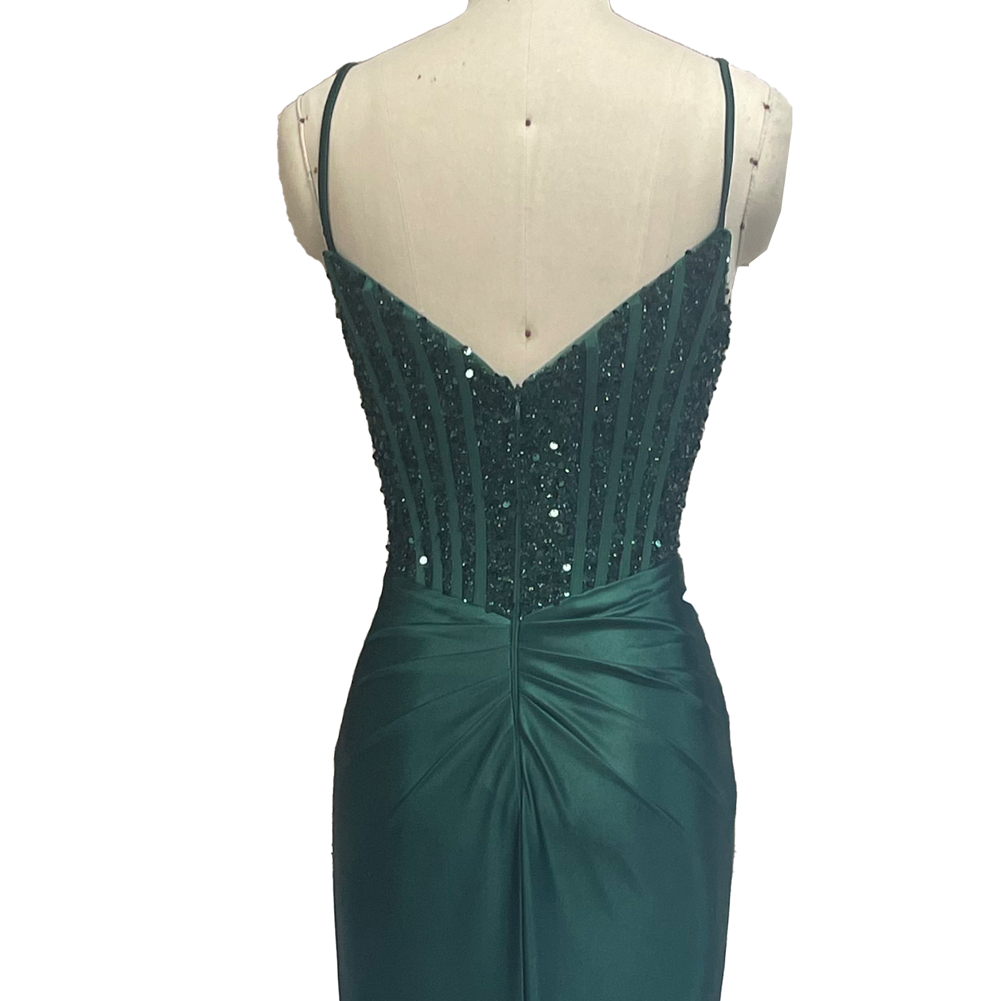 Emerald Green Sequin - Embellished Spaghetti Strap Mermaid Evening Gown with High Slit