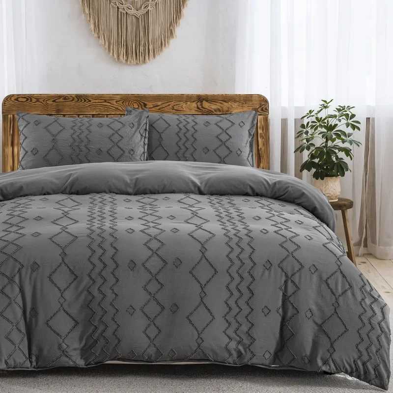 Striped Tufted Duvet Cover Twin Size Boho Gray Duvet Covers Set Full for All Seasons 2/3 Pieces Geometric Chic Modern Home Decor Y250819