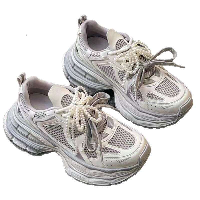 2025 Summer Autumn New Pearl Double Lace Genuine Leather 6CM Dad Shoes for Women Breathable Thick Sole Casual Sneakers