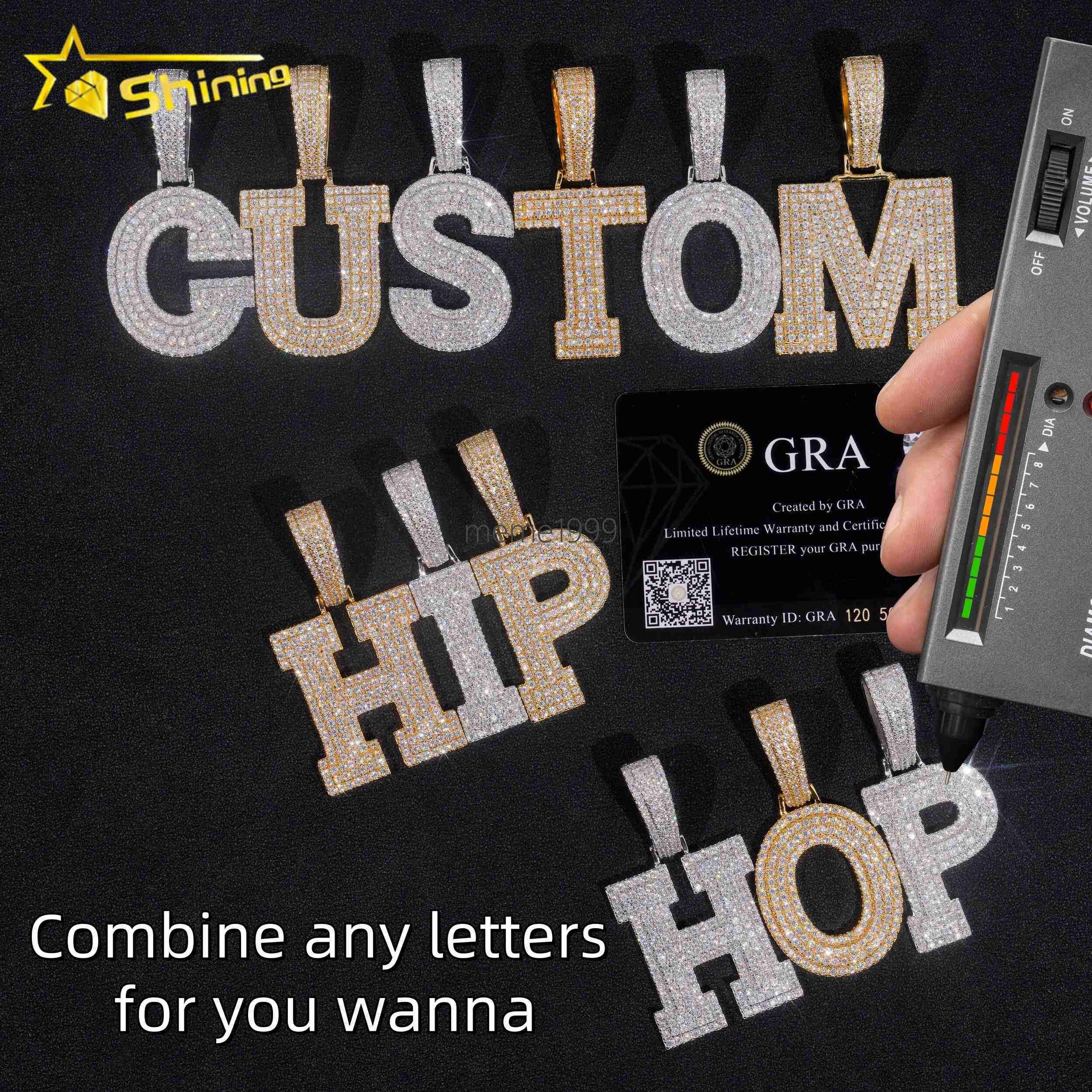 Wholesale Pass Diamond Tester Moissanite A-Z Initial Pendant 925 Sterling Silver Iced Out Jewelry Hip Hop Letter Pendant for Men