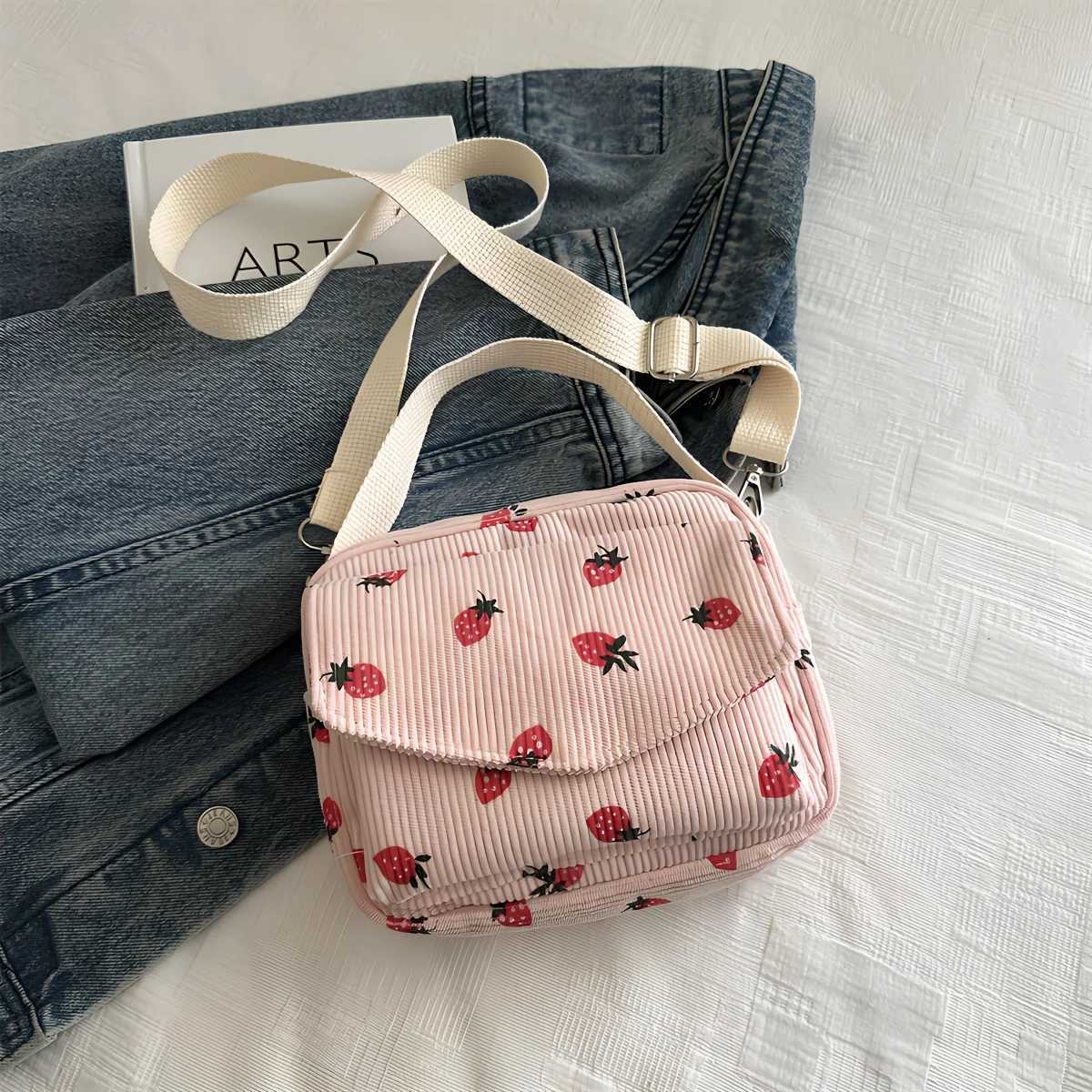 Cute Strawberry Print Corduroy Crossbody Bag Versatile Small Shoulder Purse Perfect for Daily Use Work Casual Travel Outings Y250819