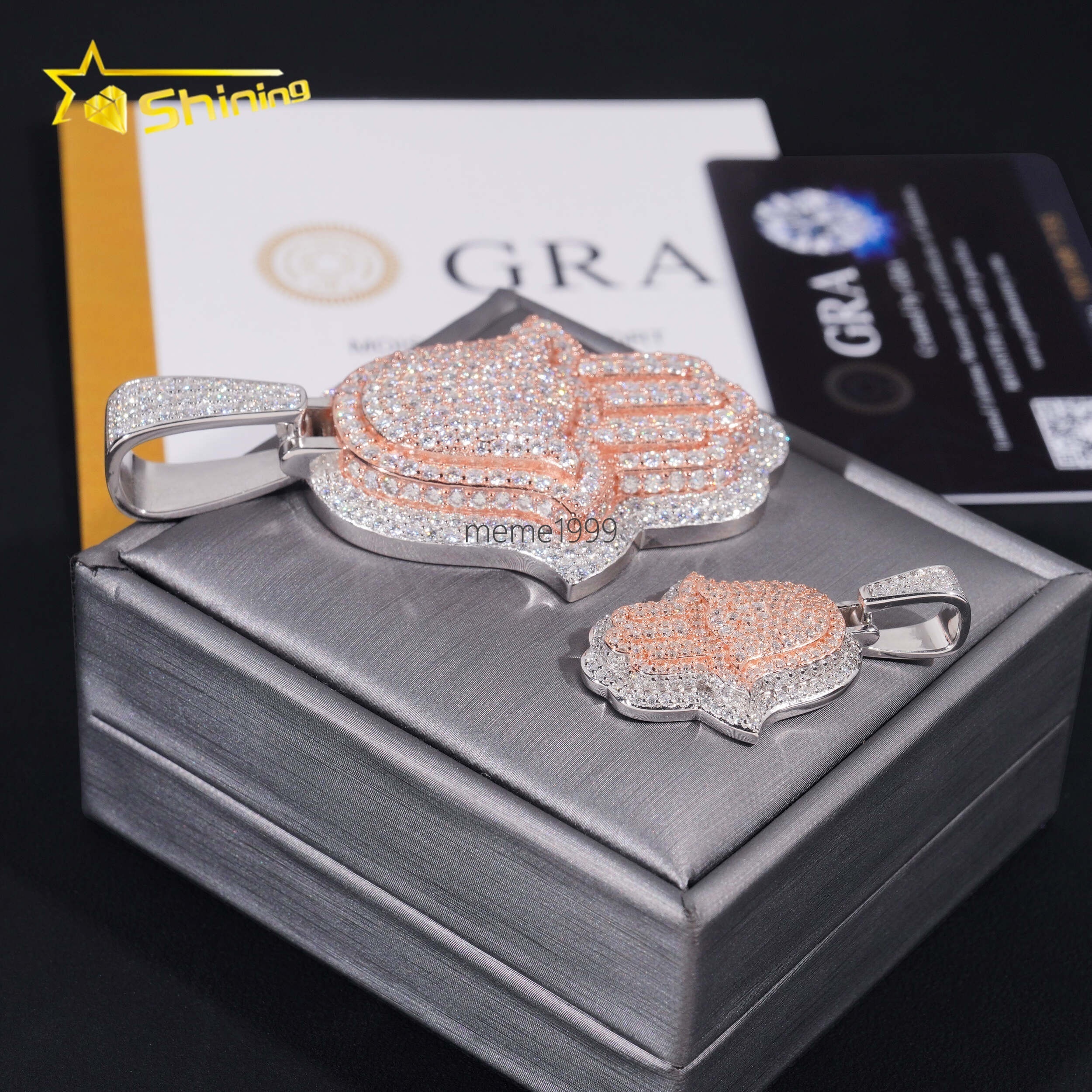 Hip Hop High Quality Two Tone Rose Gold 925 Silver Hamsa Iced Out Moissanite Pendant