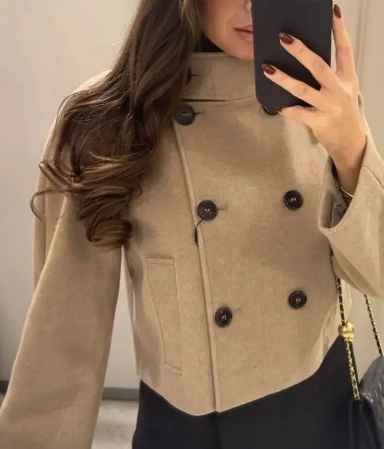 Winter Khaki Women's Loose Jacket Fashionable Stand Collar Long Sleeve Double Breasted Casual Jacket Women's Short Coat