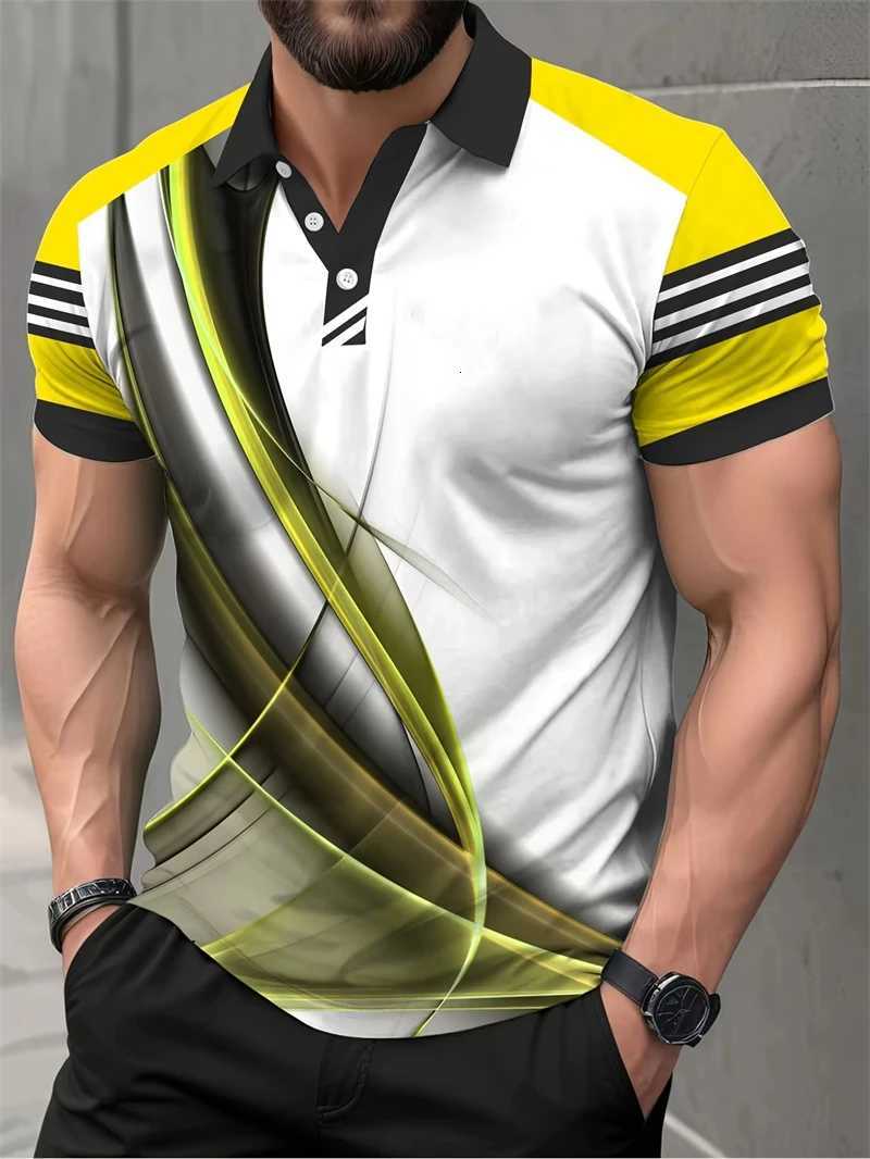 Summer Mens Geometric Line Fashion Trendy Short Sleeve 3D Printed Collared Shirts Business Casual Oversized Tees Tops Y250819