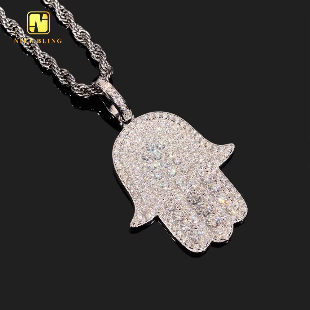 Lucky Hamsa Hand Pendant Silver Plated Custom Iced Out Fashion Hip Hop Jewelry 925 Silver VVS Moissanite Diamond Pendant Chain