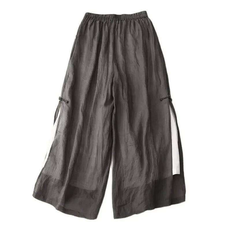Gray Cotton Linen Casual Elastic High Waist With Lining Women's Wide Leg Ankle-Length Pants For Women Clothing Fashion