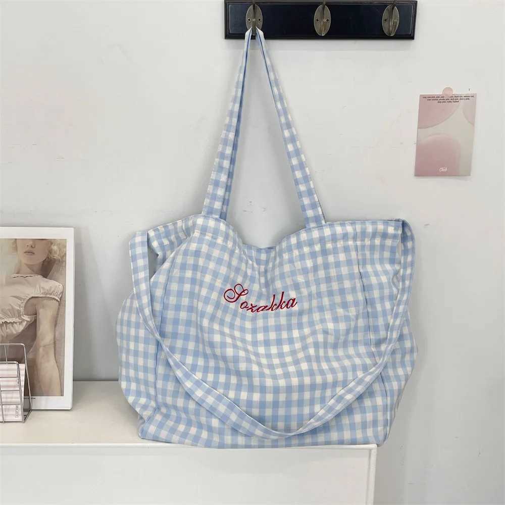 Korean Candy Plaid Lady Tote Bag Sweet Casual Women Crossbody Bag Large Capacity Printing Canvas Shouder Bag Student Handbag Y250819