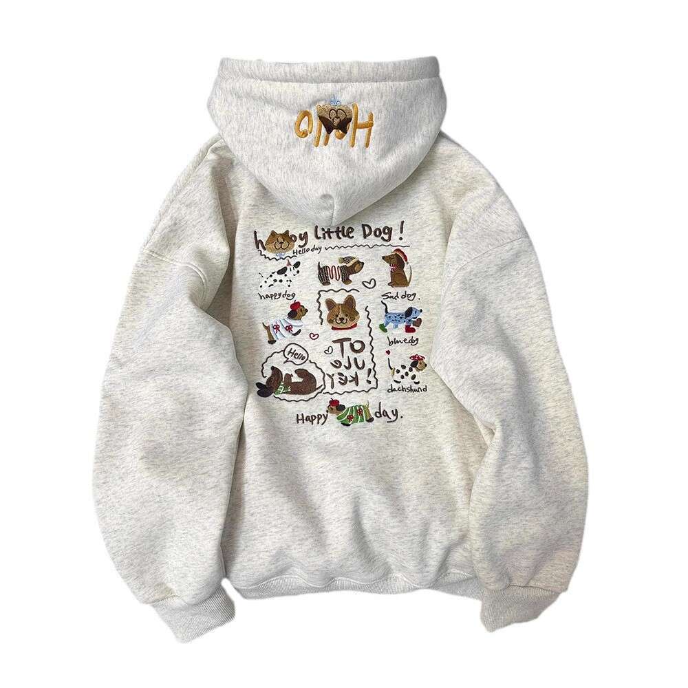 Cute Dachshund Puppy Print Hoodie for Women, Autumn and Winter Fleece-Lined, High-End Niche Ins Style, Casual Loose Jacket
