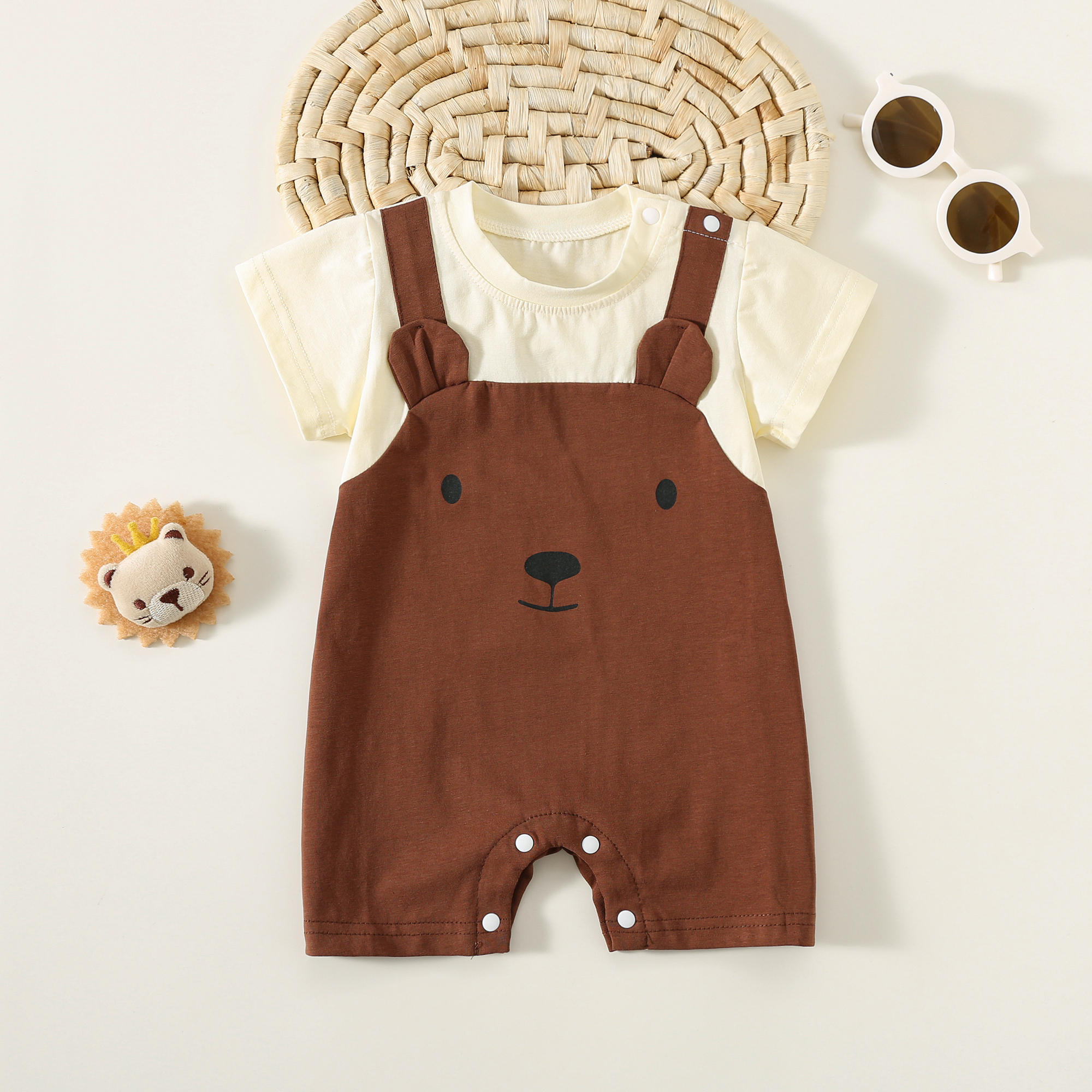 Summer baby clothes for boys and girls, crawling clothes, children's thin clothing, baby outdoor wear, fake shoulder pants, short sleeves