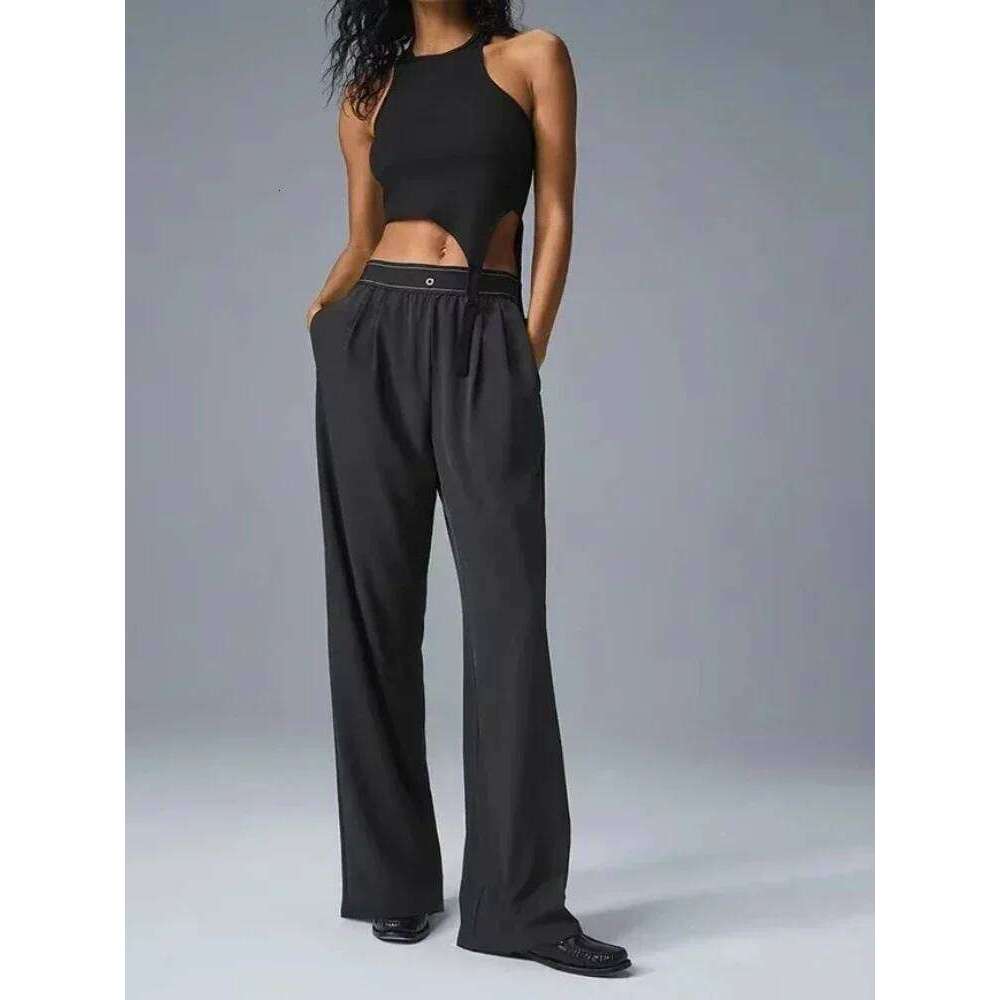 Women's Wide Leg Yoga Front Fold Loose Elastic Waist Sports Straight Pants Pocket Soft Black Casual Trousers Women Summer