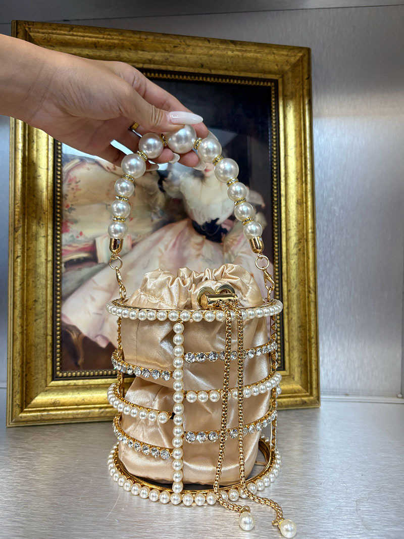 French Style Hollow Silk Satin Shiny Watercress Basket Banquet Pearl Bucket Handheld Crossbody Bag