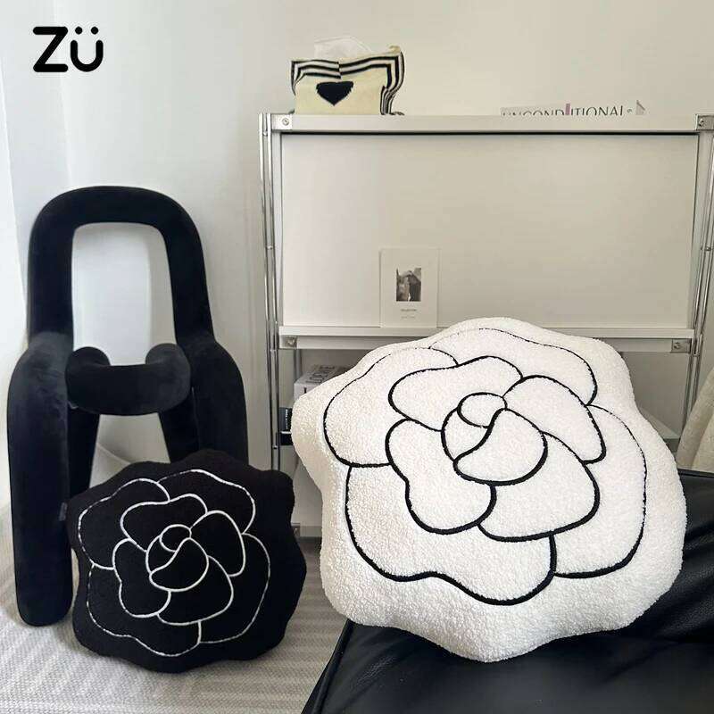 45cm Modern Style Flower Embroidery Plush Camellia Shaped Throw Pillow Soft Home Room Decor Cushion