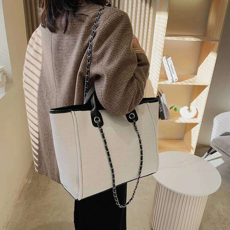 Women Tote Fashion Canvas Large Capacity Handbag Casual Chains Shoulder Bags Ladies Big Messenger Shopping Bag