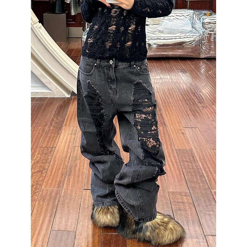 2025 New Ripped Design Long Pants Women's High Waist Wide Leg Street Y2K Jeans