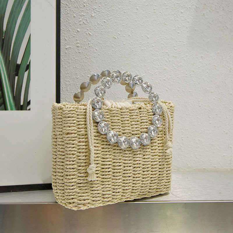 Fresh and Sweet Style Woven Look Straw Shiny Rhinestone Handbag Chain Trendy Bag Shoulder Bag Crossbody Bag