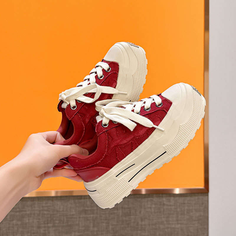 2024 New Autumn Winter Red Thick-Soled Height-Increasing Versatile Sneakers Ins Niche Open-Toe Smiley Face Big-Head Canvas Shoes