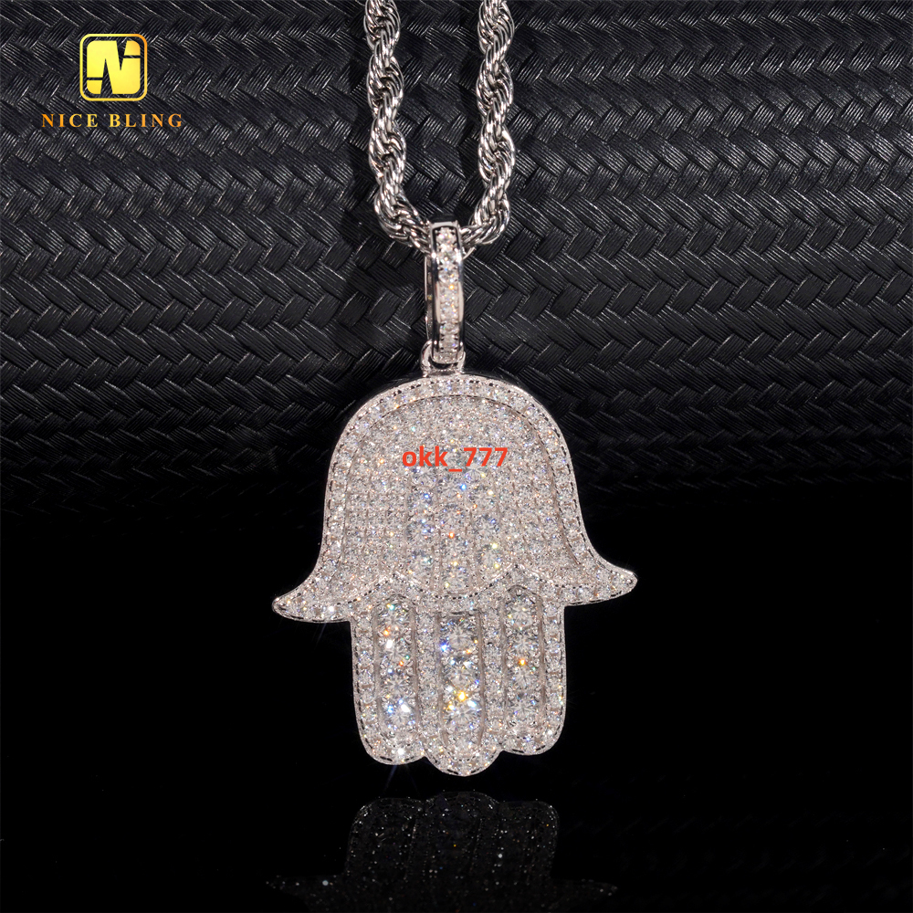 Lucky Hamsa Hand Pendant Silver Plated Custom Iced Out Fashion Hip Hop Jewelry 925 Silver VVS Moissanite Diamond Pendant Chain